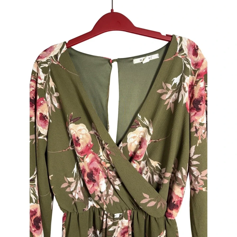 Miami Olive Green Floral Long Bell Sleeve Surplice Romper Womens Large - Picture 5 of 9